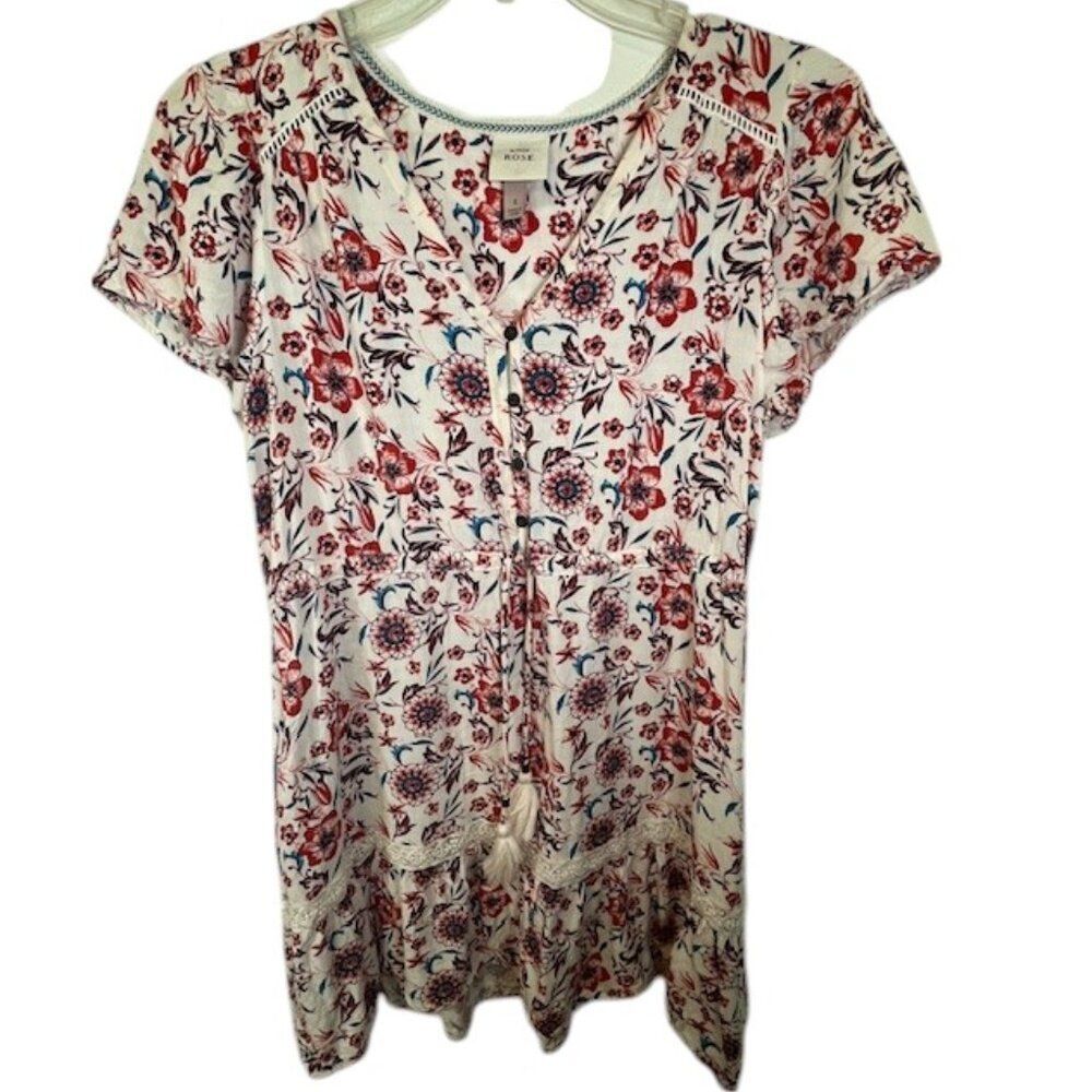 Knox Rose Coral & Teal Floral V Neck Dress with Bottom Ruffle & Pockets- Size S